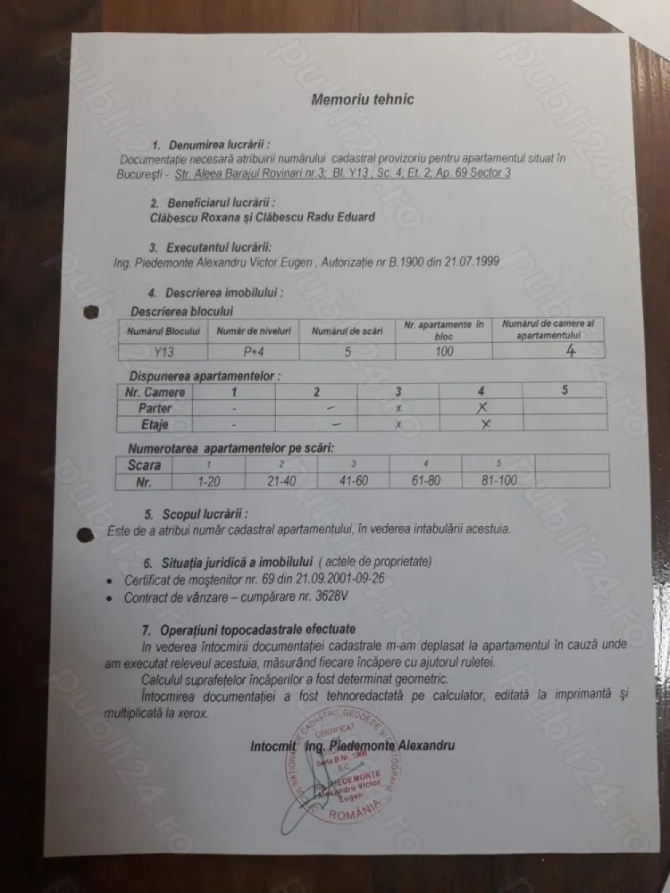 Vand apt 4 camere -114 mii sect 3, Titan Barajul rovinari, - Bucuresti sector 3 Str aleea baraj rovinari nr 3 bloc y13. PROPIETAR unic moștenitor, apt il dețin de la părinți mei , care il au de la părinți lor . Bloc de cărămidă cu 4 nivele si 5 scări în zig zag nu are craparuri la cutremurul din 1977 , nu sa miscat nimic ( nu sa spart nimic), izolat cu cărămidă ornamentală, sau faianță mica, în funcție de scara. La subsol mai dețin o boxa cu ușa de fier, groasă aproximativ 3m 3m (pe boxa nu am acte, o dețin de pe vremea bunicului - doar eu). Etaj 2 din 4 Apt este cu două bai cu cada gresie în romb faianță pana in tavan În 2000 renovare generala , instalație sanitară, electrica , nu mai locuiesc în el din 2012 Locuiesc în alt oraș Intabulare ,cadastru, fără certificat energetic (se face fin 72 de ore) Am vrut sa-l inchiriez asa ca am hainele în saci. Precontract -avans ; contract, doresc ca actele sa se faca cu hotarul cu care am facut toate sucesiunile, si actele, (asa apartamentul va avea tot istoricul). În casa nu a decedat nimeni, toti membri familiei la spital, azil sau țară. Nr apt este 69 d.p.d.v. numerologic este 6 in aceasta casa oameni nu divorteaza, nu se despart, 6 reprezintă iubirea, iar 69 este un nr care reprezintă începutul fara sfarsit. E un apt bun si cald, frumos, cu o energie buna. Mobil de contact : zero; sapte; doi; unu; noua ; noua; noua; cinci; zero; unu;