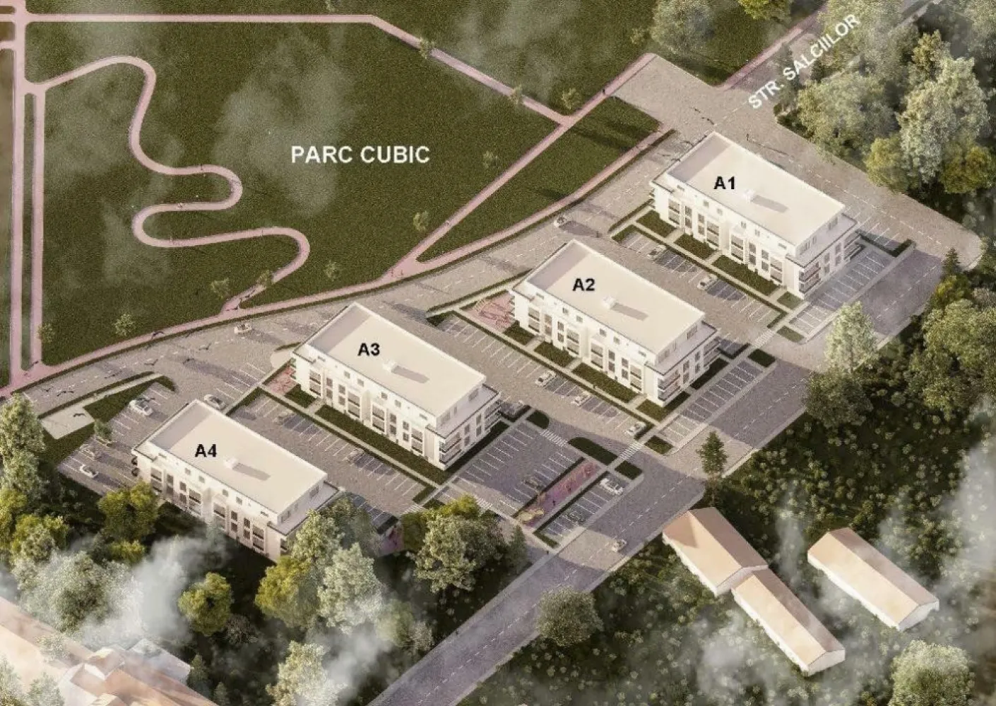 Apartament 3 camere cu parcare- NORD PARK RESIDENCE - Noul proiect imobiliar Nord Park Residence de pe strada Salciilor, in vecinatatea parcului Cubic, ofera spre vanzare 40 de apartamente noi, spatioase si confortabile, situate in 2 imobile cu P+2E+ERetras, cu spatii comerciale la parterul fiecarui bloc. Configuratia acestui apartament: 2 dormitoare , living open space cu bucatarie, 2 balcoane, 2 bai, 2 holuri, 1 loc de parcare. Suprafata utila a apartamentului este de 78.25 mp si a balcoanelor de 13.60 mp. Structura de rezistenta se realizeaza din stalpi, grinzi si plansee din beton armat, respectand cele mai riguroase cerinte privind rezistenta si stabilitatea. Tamplaria exterioara va fi de culoare gri antracit pe exterior si alb pe interior cu geam termopan triplustrat. Balcoanele vor avea pardoseala din placi ceramice si balustrada de protectie din sticla . Fiecare scară va dispune de un lift de o capacitate de 4 persoane/lift, Fiecare apartament va fi dotat cu interfon video. Apartamentele se vor preda cu usi de intrare izolate fonic, peretii zugraviti in vopsea alba lavabila, prizele si intrerupatoarele montate pe pozitie, centrala termica prin condensare. Complexul dispune de locuri de parcare, spatii verzi si loc de joaca pentru copii. Pretul include TVA de 9% pentru persoane fizice, care achizitioneaza prima casa cu TVA redus.