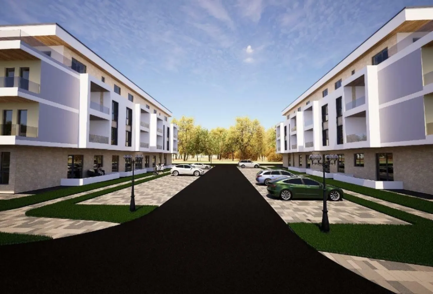 Apartament 3 camere cu parcare- NORD PARK RESIDENCE - Noul proiect imobiliar Nord Park Residence de pe strada Salciilor, in vecinatatea parcului Cubic, ofera spre vanzare 40 de apartamente noi, spatioase si confortabile, situate in 2 imobile cu P+2E+ERetras, cu spatii comerciale la parterul fiecarui bloc. Configuratia acestui apartament: 2 dormitoare , living open space cu bucatarie, 2 balcoane, 2 bai, 2 holuri, 1 loc de parcare. Suprafata utila a apartamentului este de 78.25 mp si a balcoanelor de 13.60 mp. Structura de rezistenta se realizeaza din stalpi, grinzi si plansee din beton armat, respectand cele mai riguroase cerinte privind rezistenta si stabilitatea. Tamplaria exterioara va fi de culoare gri antracit pe exterior si alb pe interior cu geam termopan triplustrat. Balcoanele vor avea pardoseala din placi ceramice si balustrada de protectie din sticla . Fiecare scară va dispune de un lift de o capacitate de 4 persoane/lift, Fiecare apartament va fi dotat cu interfon video. Apartamentele se vor preda cu usi de intrare izolate fonic, peretii zugraviti in vopsea alba lavabila, prizele si intrerupatoarele montate pe pozitie, centrala termica prin condensare. Complexul dispune de locuri de parcare, spatii verzi si loc de joaca pentru copii. Pretul include TVA de 9% pentru persoane fizice, care achizitioneaza prima casa cu TVA redus.