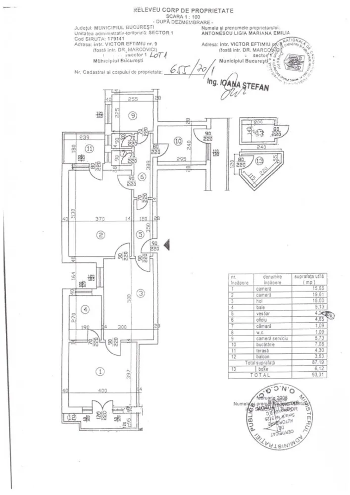 ap 3 cam - Cismigiu - De vanzare apartament 3 camere la intrarea in parcul Cismigiu (intrarea Victor Eftimiu 9), etajul 5/8 Suprafata utila 93.31mp (din care 6.12mp boxa situata la subsol) Blocul are centrala termica proprie. Imobil construit in 1936, consolidat in 1978. Imobilul este incadrat in clasa RS1, inclus in programul de consolidare prin PNRR (estimat incepe lucrari consolidare 2024)