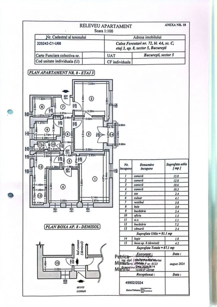Apartament 4 camere /Boxa /Calea Ferentari 72 /Sector 5 /Proprietar - Apartament 4 camere Decomandat Suprafata Utila =81.1 mp Suprafata Totala =87.1 mp Doua grupuri sanitare Calea Ferentari nr. 72, bl. 4A, sc. C Etaj 3, ap. 8, sector 5, Bucuresti Proprietar Cadastru si Intabulare Certificat de Performanta Energetic Apartamentul este gol , curat și proaspăt zugrăvit Se afla intr-o zona liniștită La 100 m este scoala și la 150 m Kaufland 5 minute de mers pe jos de mijloacele în comun Cele mai apropiate statii de Metrou :Eroii Revolutiei si Piata Unirii Se poate lasă inclusiv mobila existenta sau se poate preda gol Nu doresc schimb de nici un fel Prețul negociabil în limita bunului simt Nu am nici o problema în a colabora atâta timp cât ambele părți implicate au de câștigat