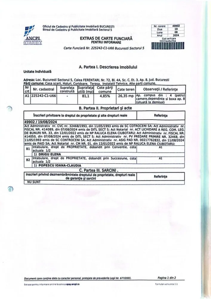 Apartament 4 camere /Boxa /Calea Ferentari 72 /Sector 5 /Proprietar