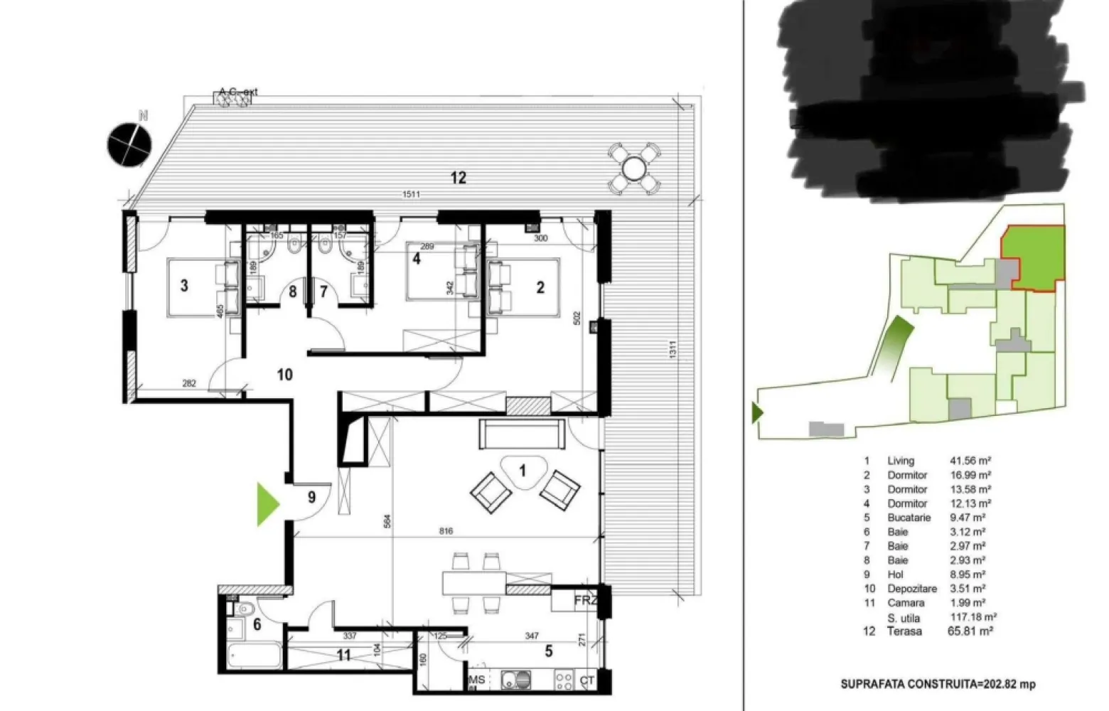 Proprietar, Penthouse 4 cam, 3 bai, 120mp utili, terasa 65mp, Unirii