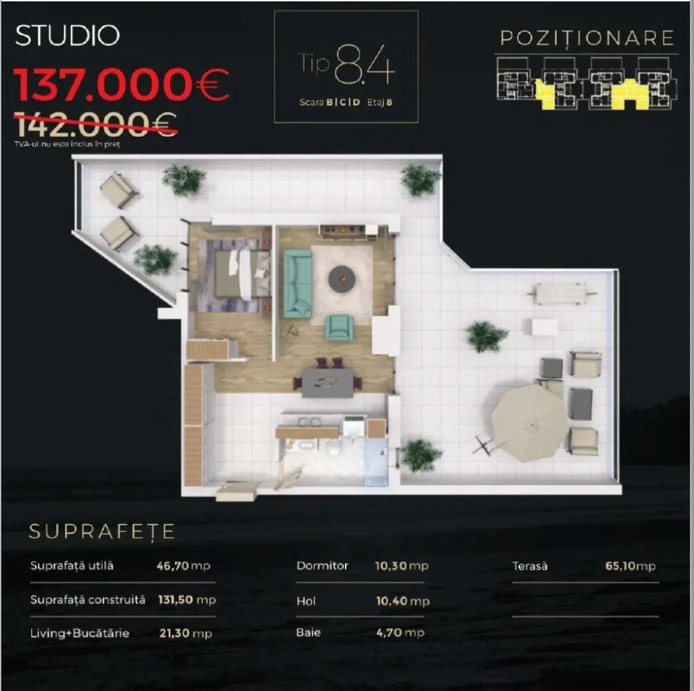 Direct Dezvoltator Comision 0% Studio . 47 mp + Terasa 65 mp Solid Rezidence - Ansamblu amplasat pe malul lacului Siutghiol, in zona Butoaie, la mica distanta de cluburile in voga din Mamaia, terase si la 2 pasi de plaja Apartament 2 camere cu o suprafata utila construita de 131 mp de unde rezulta 47 mp studioul si o terasa de 65 mp , disponibil la etajul 8. Complexul rezidential– situat in Mamaia ,este un ansamblu de locuinte de vacanta cu regim de inaltime S+P+-8E ce cuprinde 237 de suite impartite in 4 scari in care veti gasi la vanzare: - studiouri cu suprafete cuprinse intre 46.25 mp si 59.73 mp construiti, - suite cu 2 camere cu suprafete cuprinse intre 65.40 mp si 77.50 mp si - suite cu 3 camere cu o suprafata construita de 102.05 mp. Aceste locuinte se predau complet finisate si dotate cu: - usi, - centrala proprie pe gaze si calorifere, - aer conditionat - gresie/parchet, faianta, - tamplarie pvc cu geam termopan, - obiecte sanitare, - instalatii electrice, termice, sanitare, de gaz (la momentul predarii locuintelor, toate utilitatile sunt functionale) si - 2 lifturi ultra-moderne in fiecare scara In vecinatate gasiti: - mijloace de transport in comun, cu statie chiar la iesire din complex - Marketuri deschise tot anul - restaurantul Dorna, Estival s.a. - complexul comercial Butoaie - plaja H2O, Vega, Crazy s.a. - cluburile Fratelli, EGO, Breeze, Bamboo s.a. - terenuri de tenis s.a. Complexul rezidential va ofera numeroase facilitati: - Acces restrictionat cu bariera automatizata si gard - Parcare subterana si supraterana (optional contra cost) - Spatii verzi si - Paza si Monitorizare video 24 din 24. Cientii nostril beneficiaza de solutii avantajoase de finantare: - Plata integrală - Plata prin credit bancar PROIECT FINALIZAT ! Pretul nu include TVA si este valabil pentru plata integrala.