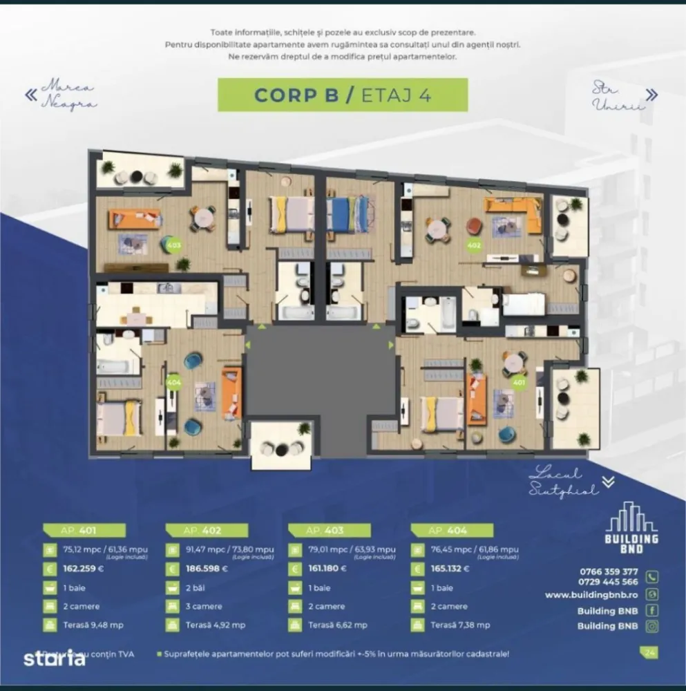 Finalizat-Ap 2 camere Bd Mamaia - Un nou proiect marca Building BNB (asocierea BND), situat la intrarea în Stațiunea Mamaia (B-dul Mamaia 294 colț cu Strada Unirii, vis-a-vis de Lake View), 3 minute de mers pe jos pana la plaja Malibu. Proiect ambițios care pune accent pe experiențele pozitive ale viitorilor locatari, compus din 2 imobile cu un regim de înălțime S+P+5, respectiv S+P+6 și un total de 77 locuri de parcare (subsol + parter). Apartamente de lux cu 2, 3 și 4 camere, ce beneficiază de vedere superbă către Mare, Stațiunea Mamaia, Lacul Tăbăcăriei si oras. Construite la standarde înalte de calitate, apartamentele din ansamblul rezidențial Building BNB (asocierea BND) Mamaia pot reprezenta o opțiune ideală pentru cei care își doresc să se bucure de confort la câțiva pași de plajă! Apartamente disponibile în cadrul proiectului avans minim 35%, loc de parcare inclus în preț: Apartamente cu 2 camere, suprafețe de la 71.5m + terasă 3.6m prețuri începând de la 128.862 euro. Apartamente cu 3 camere și 2 băi, suprafețe de la 93.5m + terasă 4.9m prețuri începând de la 168.138 euro. Apartamente cu 4 camere și 2 băi, suprafețe de la 153m + terasă 12m prețuri începând de la 330.372 euro. *Prețurile afișate nu includ TVA. Apartamentele din cadrul Building BNB beneficiază de următoarele dotări și finisaje: -tâmplărie din aluminiu (Wicona), culoare gri antracit; -ușă metalică antiefracție imbracata in lemn, interior+exterior; -centrală proprie în condensație Ariston + încălzire în pardoseală Hertz; -pereți BCA tencuiti (baza ciment), finisați cu glet și zugrăviți cu vopsea lavabilă alba; -instalația de gaz realizată (la gata); -instalația electrică cu aparataj modular Gewiss; -casa scării echipată complet: marmură, tavane lamelare, sistem de iluminat pe senzori, muzică ambientală; -2 lifturi de mare viteză Schindler; -videointerfon 3.5/7 Electra; -sistem fațadă ventilată format din vată bazaltică 15 cm și panouri de fațadă din placi HPL-8 mm; -loc de joacă pentru copii; -stație de încărcare pentru mașinile electrice. *Toate informațiile, schițele și pozele au exclusiv scop de prezentare! Suprafețele apartamentelor pot suferi modificări +/- 5% după măsurătorile cadastrale.
