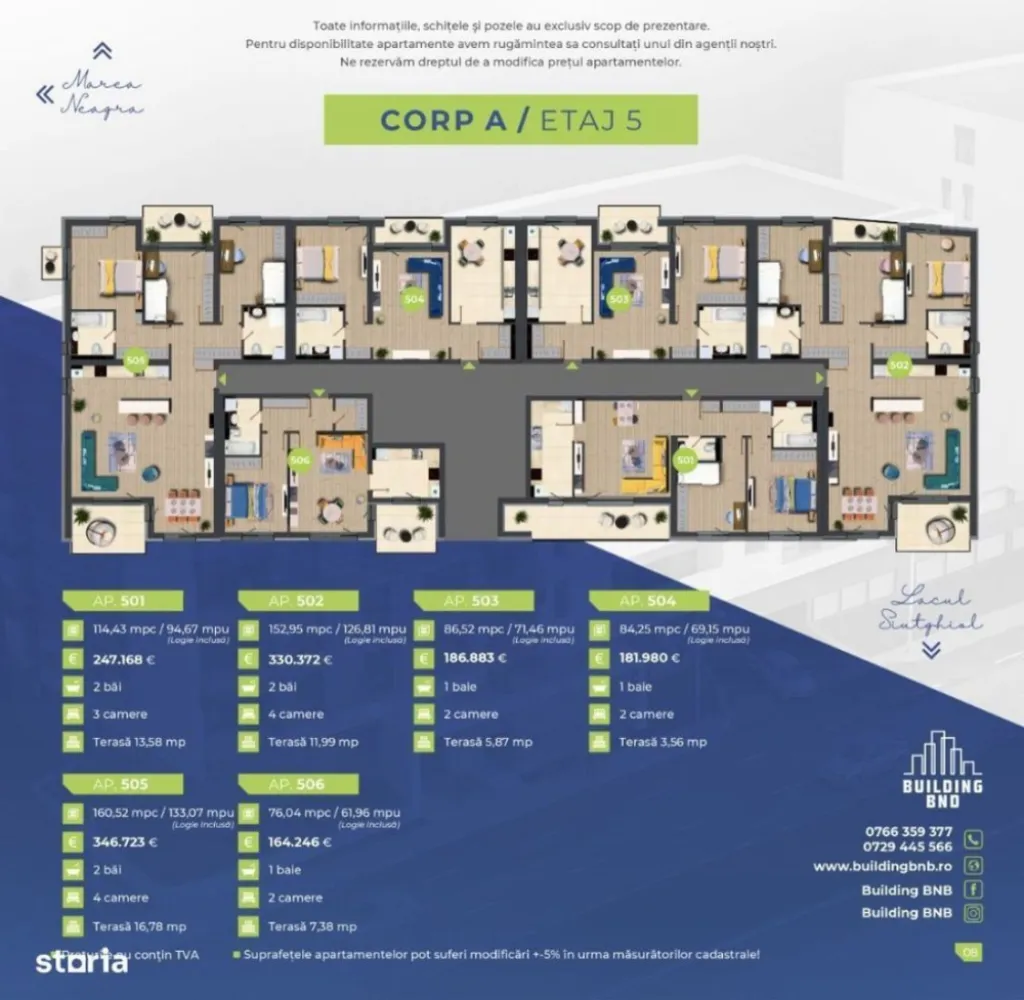 Finalizat-Ap 2 camere Bd Mamaia - Un nou proiect marca Building BNB (asocierea BND), situat la intrarea în Stațiunea Mamaia (B-dul Mamaia 294 colț cu Strada Unirii, vis-a-vis de Lake View), 3 minute de mers pe jos pana la plaja Malibu. Proiect ambițios care pune accent pe experiențele pozitive ale viitorilor locatari, compus din 2 imobile cu un regim de înălțime S+P+5, respectiv S+P+6 și un total de 77 locuri de parcare (subsol + parter). Apartamente de lux cu 2, 3 și 4 camere, ce beneficiază de vedere superbă către Mare, Stațiunea Mamaia, Lacul Tăbăcăriei si oras. Construite la standarde înalte de calitate, apartamentele din ansamblul rezidențial Building BNB (asocierea BND) Mamaia pot reprezenta o opțiune ideală pentru cei care își doresc să se bucure de confort la câțiva pași de plajă! Apartamente disponibile în cadrul proiectului avans minim 35%, loc de parcare inclus în preț: Apartamente cu 2 camere, suprafețe de la 71.5m + terasă 3.6m prețuri începând de la 128.862 euro. Apartamente cu 3 camere și 2 băi, suprafețe de la 93.5m + terasă 4.9m prețuri începând de la 168.138 euro. Apartamente cu 4 camere și 2 băi, suprafețe de la 153m + terasă 12m prețuri începând de la 330.372 euro. *Prețurile afișate nu includ TVA. Apartamentele din cadrul Building BNB beneficiază de următoarele dotări și finisaje: -tâmplărie din aluminiu (Wicona), culoare gri antracit; -ușă metalică antiefracție imbracata in lemn, interior+exterior; -centrală proprie în condensație Ariston + încălzire în pardoseală Hertz; -pereți BCA tencuiti (baza ciment), finisați cu glet și zugrăviți cu vopsea lavabilă alba; -instalația de gaz realizată (la gata); -instalația electrică cu aparataj modular Gewiss; -casa scării echipată complet: marmură, tavane lamelare, sistem de iluminat pe senzori, muzică ambientală; -2 lifturi de mare viteză Schindler; -videointerfon 3.5/7 Electra; -sistem fațadă ventilată format din vată bazaltică 15 cm și panouri de fațadă din placi HPL-8 mm; -loc de joacă pentru copii; -stație de încărcare pentru mașinile electrice. *Toate informațiile, schițele și pozele au exclusiv scop de prezentare! Suprafețele apartamentelor pot suferi modificări +/- 5% după măsurătorile cadastrale.
