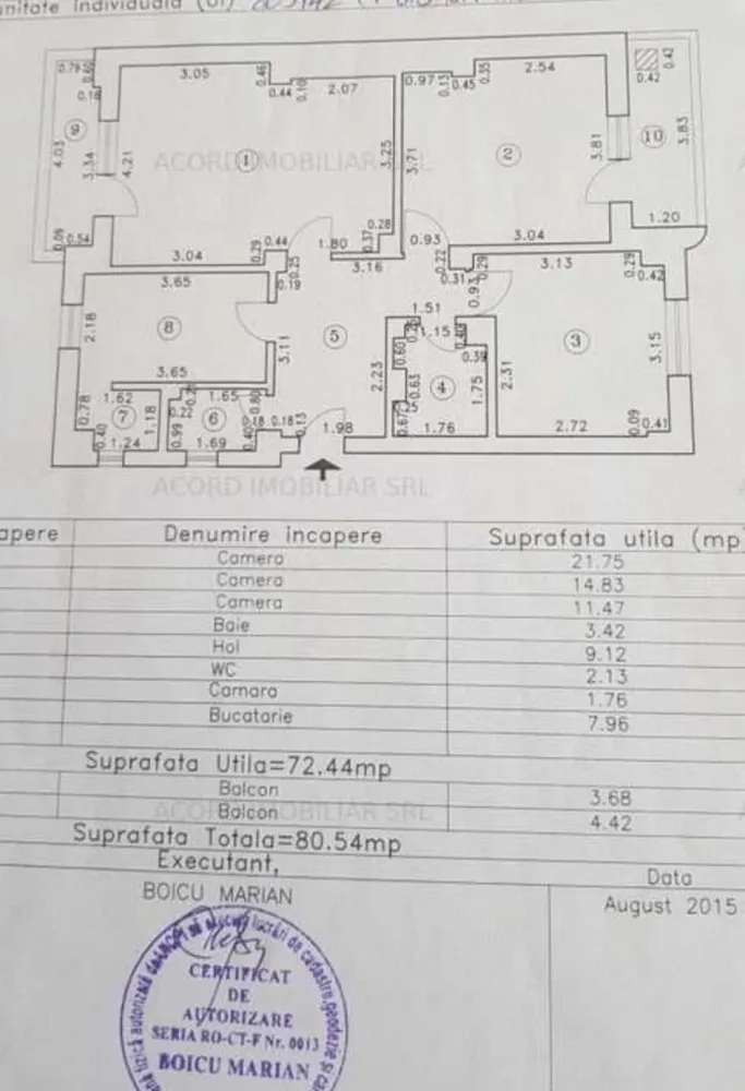 Ap 3 camere zona Dacia - - Apartament 3 camere decomandat; - Sutila = 72,44mp; Stot=80,54 mp; - Etaj 4/4; - Vedere bilateral cu 2 balcoane (1x3,68mp, 1x4,42mp); - 2 Grupuri sanitare; - Centrala Termica pe Gaz, Aer Conditionat, Internet Fibra Optica; - Bloc BCA construit in 1992, cu scara securizata; - La 5 minute de parc Tabacarie si City Park Mall; - Acces rapid la mijloacele de transport in comun liniile 42, 43, 42M, 43C, 43M, 100, 100C; - Mai multe poze si informatii la tel.