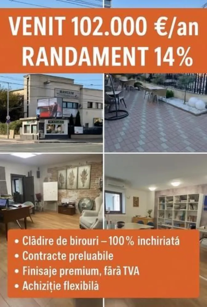 BRASADAS vinde cladire de birouri 24 firme 102.000 euro/an. - Descriere Investiție imobiliară premium – Clădire de birouri închiriată integral pe termen lung, situată central, pe Str. Domnească nr. 105, la intersecția cu Str. Basarabiei in Mun. Galați. Poziție strategică: trafic pietonal și auto intens, 2 parcări mari în apropiere, acces rapid la instituții publice, facultăți și licee. Date cheie investiție: • Venit anual din chirii: 80.000 € • Venit suplimentar din utilități refacturate: ~22.000 € • Total încasări anuale actuale: 102.000 € • Grad de ocupare: 100% (24 chiriași stabili) • Randament brut: 14 %/an (9% chirii + ~5% apreciere anuală a proprietății) • Chirie medie zonă: ~10 €/mp • ⁠Valoare de piata minima 900.000 euro. www.brasadas.com.